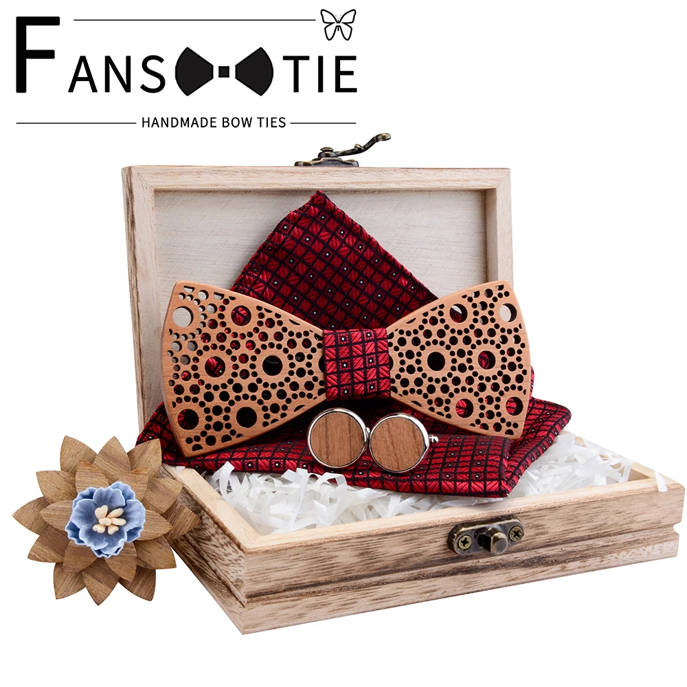 New Design 100% Wooden Hollow Wood Bow Ties Bowtie With Pocket Square Cufflinks Brooch For Men Christmas Gift Set With Box Ties