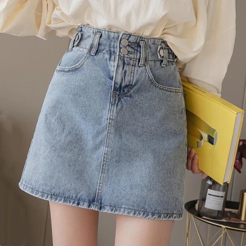 

Summer Casual Korean Women Denim Short Skirt Mini Harajuku High Waist A-Line Skirt Kawaii Package Hip Slim Jeans Skirt Female