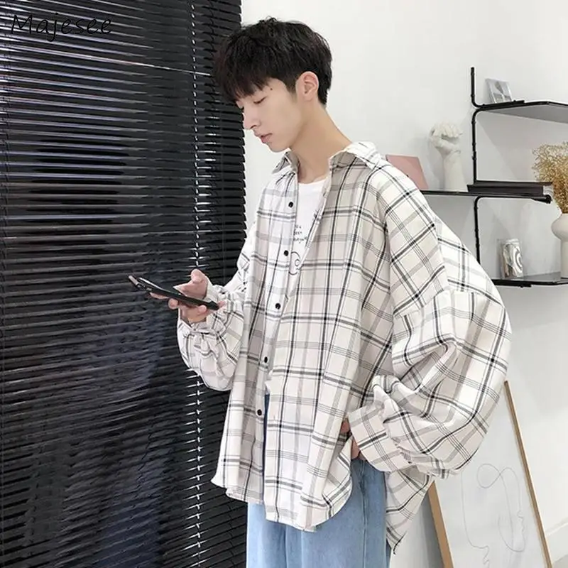 Men Casual Shirts Plaid Single Breasted Long Sleeve Plus Size 3XL Loose Korean Chic Fashion Oversize All-match Thin Outwear BF