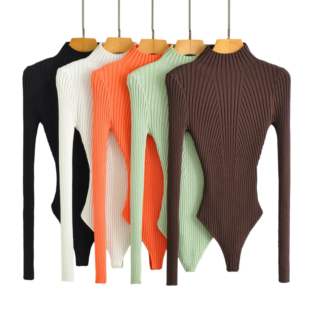 

Autumn Winter One Piece Women Knitted Solid Crew Neck Long Sleeve Black White Green Orange Brown Top Bodysuit Bodycon Jumpsuit