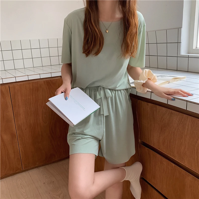 Summer Casual 2 Piece Women Set  Short Sleeve Tops And Shorts Elastic Waist Soft Cool Lce fabric Two Piece Set Woman Outfits