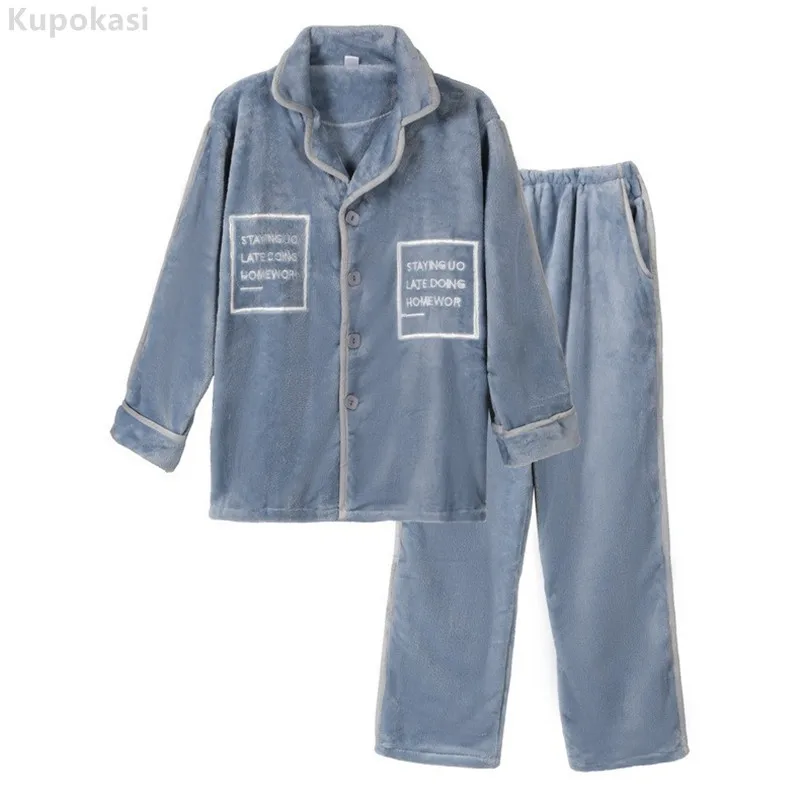 Kupokasi Flannel Pajama Set Women Man Pajamas Casual Long Sleeve Warm Winter Sleepwear Soild Color Couple Homewear