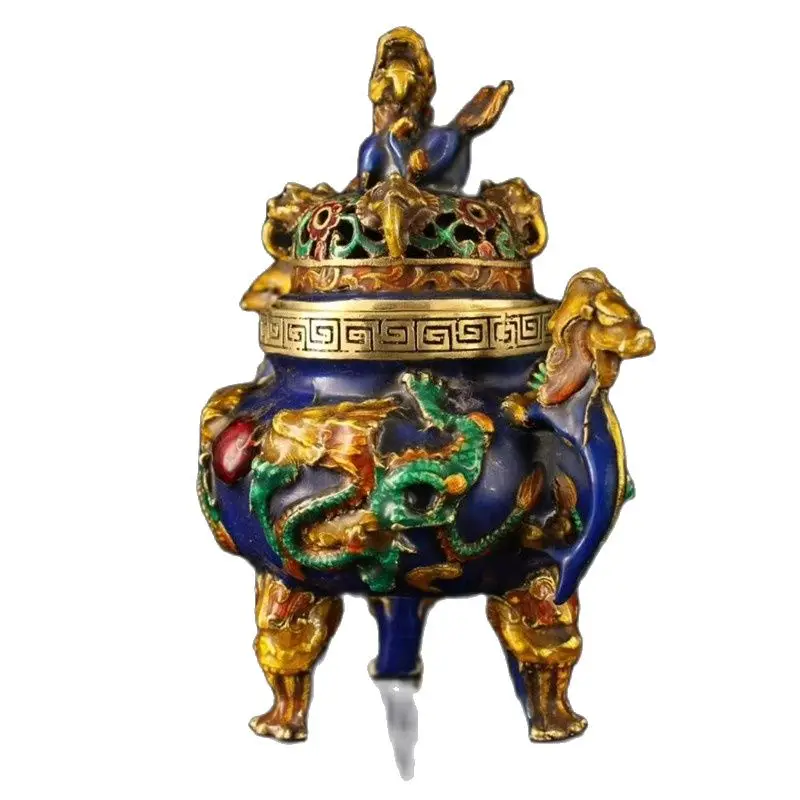 

Tibet Nepal Old Cloisonne Copper Enamel Painted Two Dragon Play Beads Lion Incense Furnace