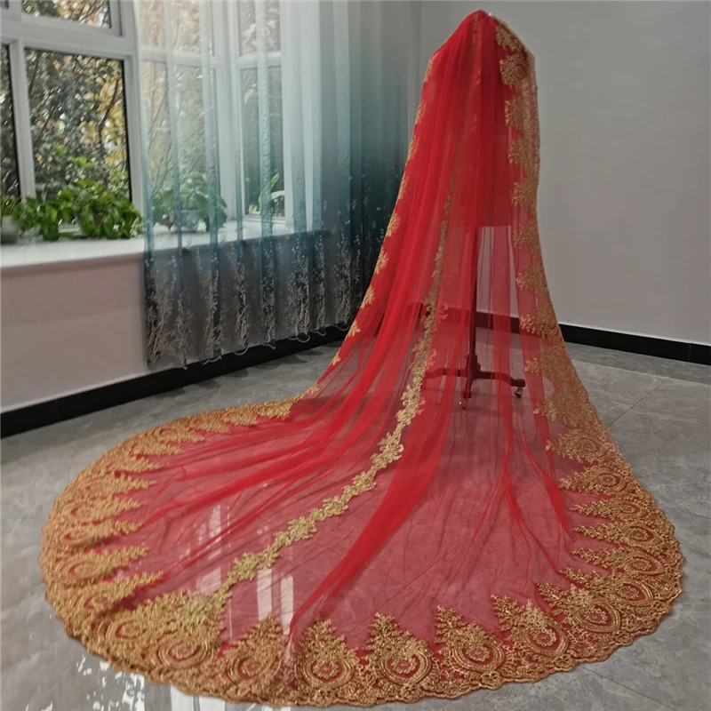 Gold Lace Bridal Veils Red Tulle With Comb Single Layer Cathedral Long Colored Wedding Veils for Brides Velos de Novia