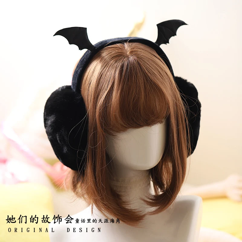 Dark Girls carino peluche nero pipistrello ala paraorecchie calde gotico da donna Lolita Warmer Muff Ear Cover Lovely Fold accessori per fascia