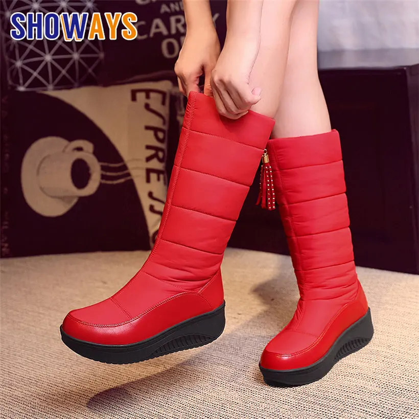 

2022 Winter Women Long Snow Boots Platform Wedge Heels Round Toe Black Red Down Plush Casual Travel Lady Fringe Knee High Boots