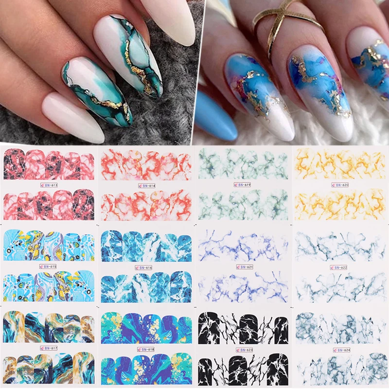 12pcs Gradient Marble Water Nail Stickers Flower Letter Leopard Cartoons Sliders For Nails Water Transfer Decals Decoration