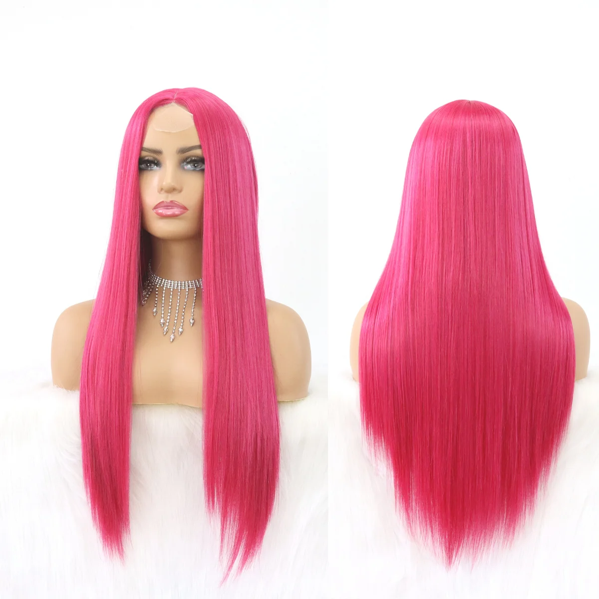 SALLYWELL Long Straight Hair Raspberry Pink Color Natural Hair Line  Lace Wigs for Fashion Women Heat Resistant Synthetic