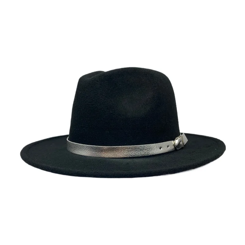 Simple Men Women Black Gold Belt Fedora Jazz Hat British style Trilby Party Formal Panama Cap Dress Hat Cowboy