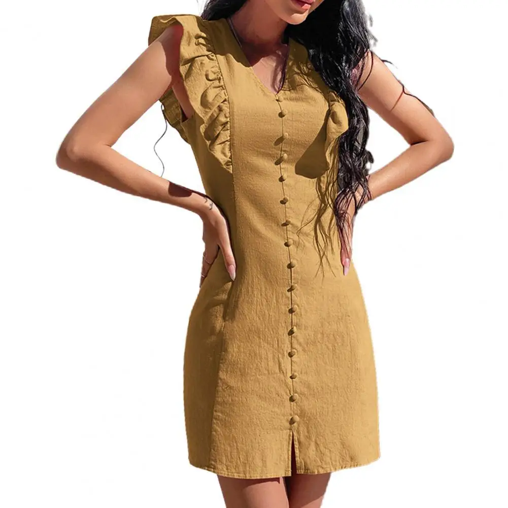 

Women A-line Dress Lacework Cuff V Neck Solid Color Leisure Mini Dress Slim Buttocks Elegant Summer Dresses