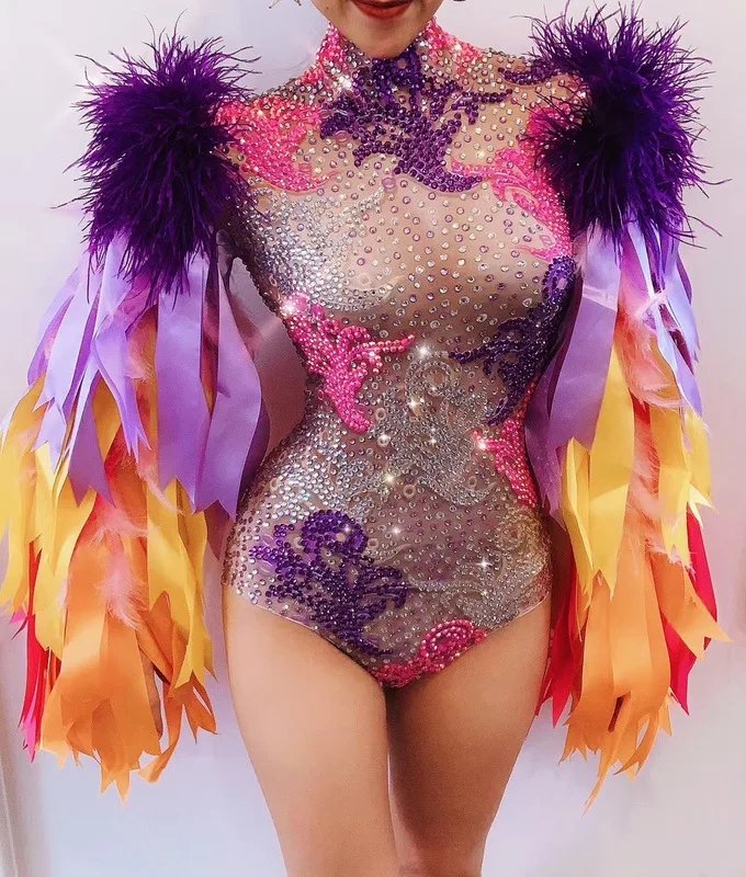 Body colorido con manga de plumas y diamantes de imitación para mujer, traje de fiesta para club nocturno y Bar, disfraz de baile para actuación, envío directo