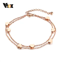 Vnox Elegant Heart Love Charm Bracelets for Women Double Chain Rose Gold Color