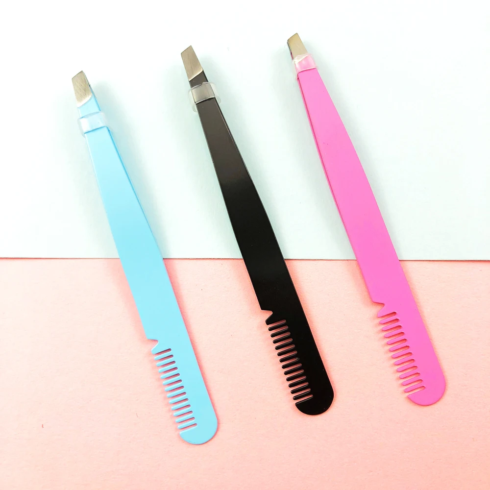 3pcs Multifunctional Eyebrow Tweezers with Eyebrow Comb False Eyelashes Applicator Tool Eyebrow Grooming Tool-black, blue, pink