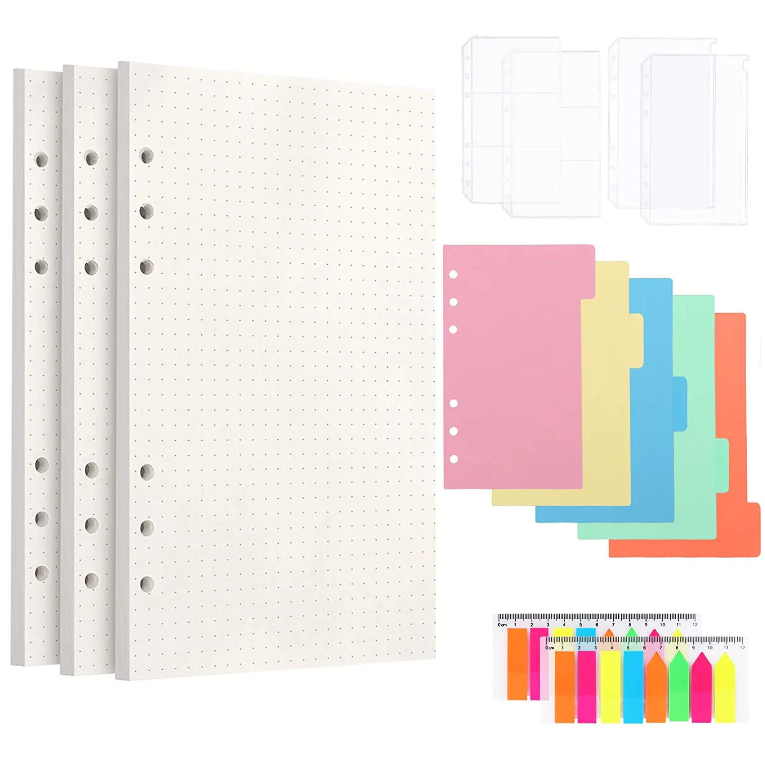 A6 Refillable Binder Notebook Set  with 5 Pcs Dividers, 3 Pack 6 Holes A6 Dotted Paper,4 Binder Pockets,2 Coloured Sticky Notes