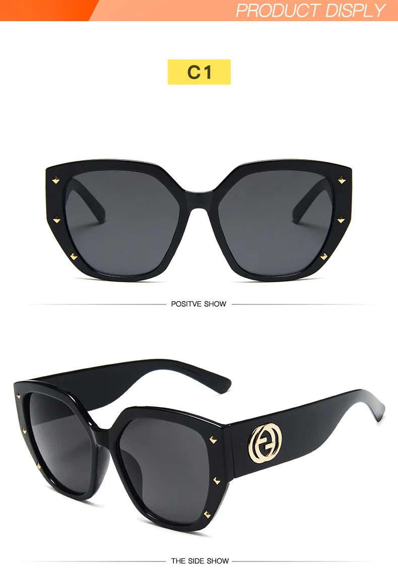 BOYSEEN Brand Design Studded Frame Sunglasses Women  Oversized Metal Logo Decoration Eyewear Tortoiseshell Sunglasses UV400