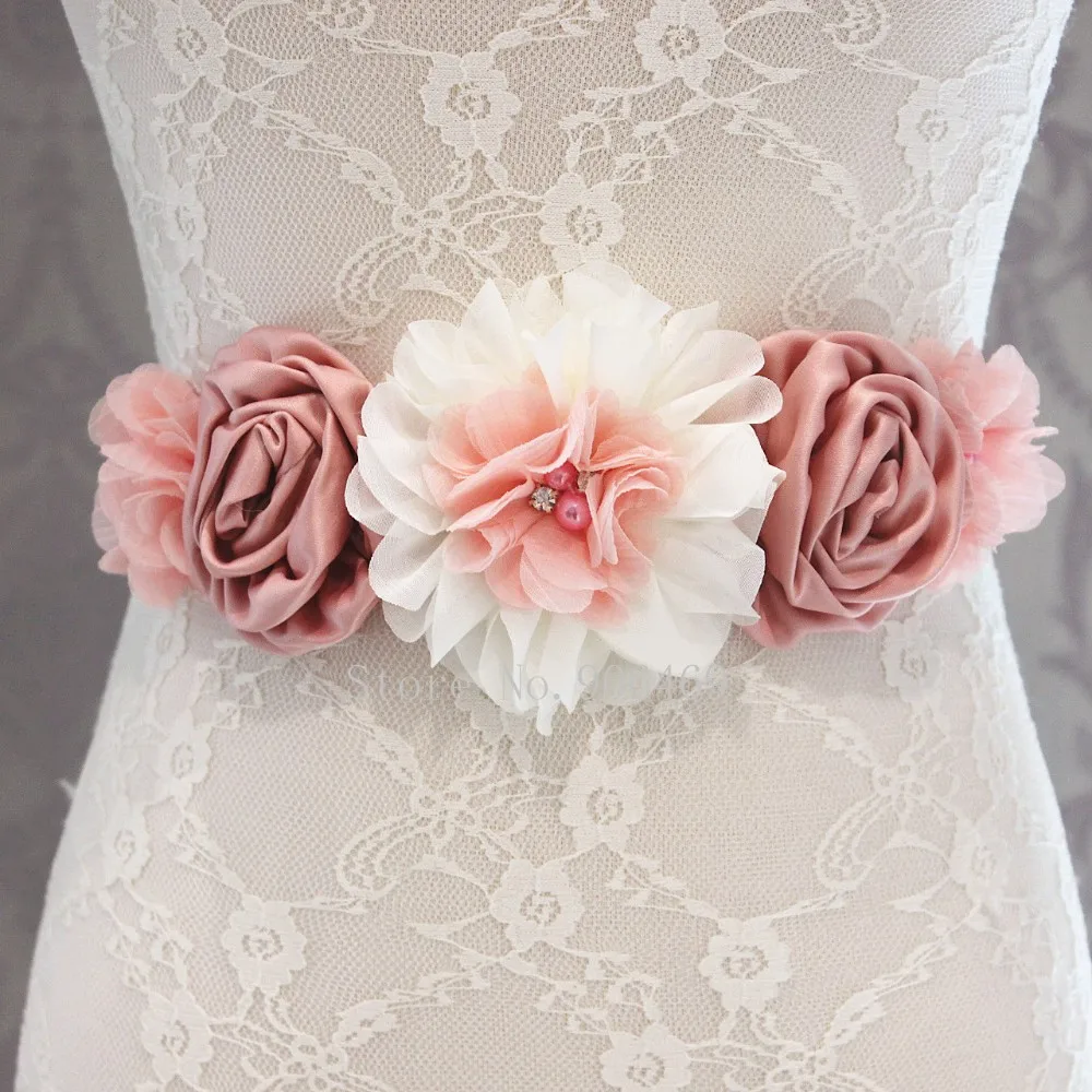 Fashion Vintage Pink/ivory flower Belt Girl Woman Sash Belt Wedding Sashes belt  with flower headband