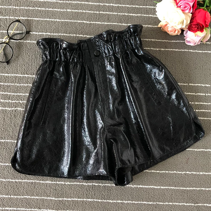 Elastic Summer High Waist Wide Legged Loose Genuine Leather Shorts Fashion Streetwear Women Punk Glossy Patent Leather Hotpants