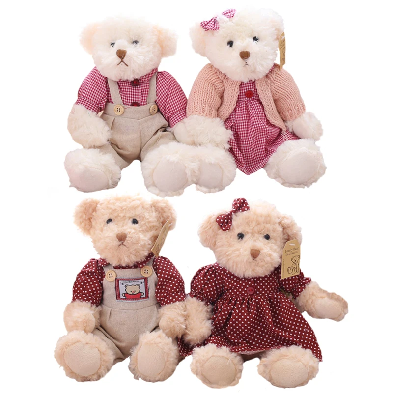 A pair 26cm Cute Couple Teddy Bear With Cloth Plush Toys Stuffed Dolls Toy Kids Baby Girls Children Girl Birthday Christmas Gift