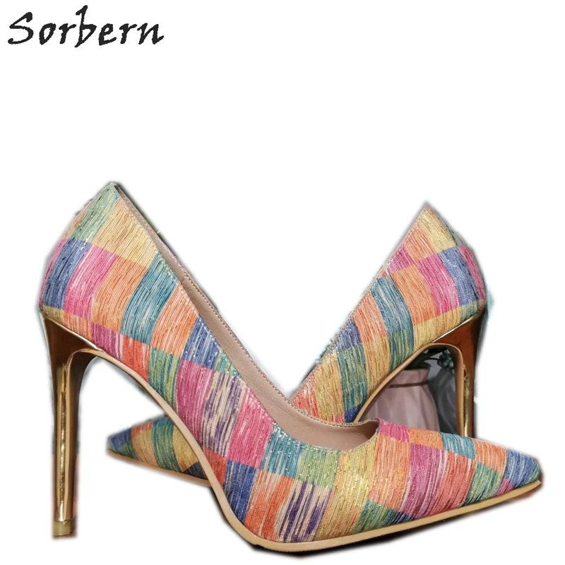 Sorbern Colored Strips Women Pumps Pointy Toe Slip On Shoes Pointed Toe Women Heels Mature Fetish Heels Plus Size Female Shoes