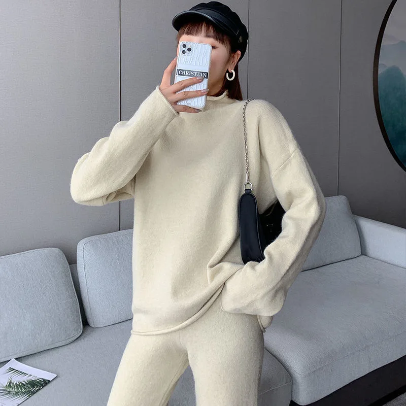 Women Candy Color Thick Knitted Turtleneck Pullover And Wide Leg Pants Two Piece Sets Korean Chic Big Size Sweater Tracksuit