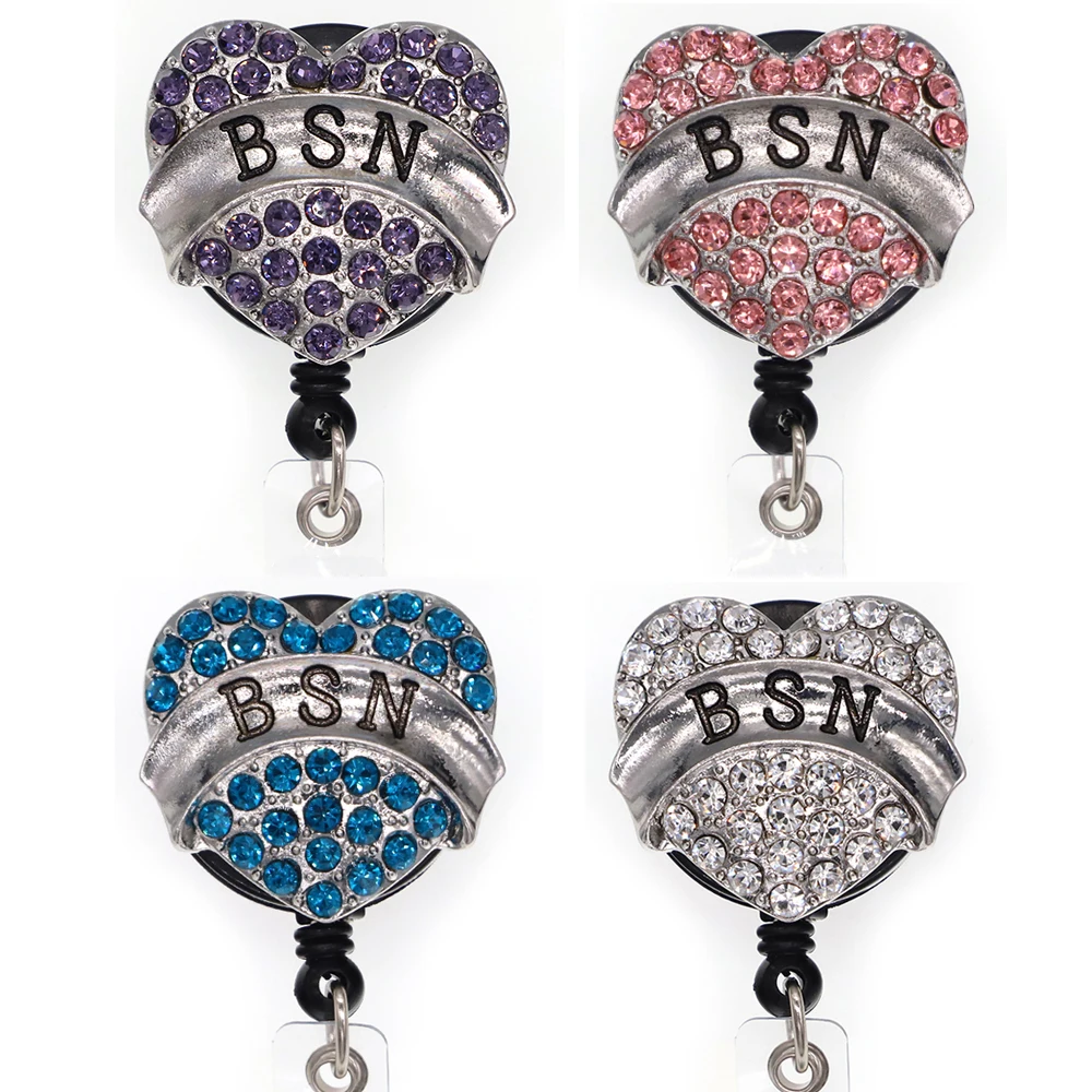 

10 pcs/lot Free Shipping Heart BSN Rhinestone Retractable Id Badge Holder Reel