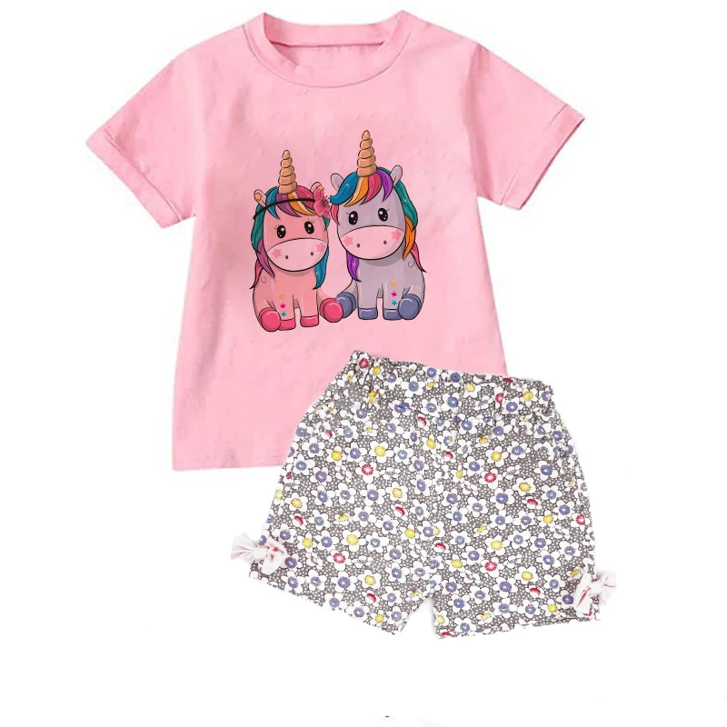 Two Pieces Unicorn Christmas Girls Clothing Sets Summer New Children Sets Fashion Girls Clothes Suit Casual Floral Outfits 3-9T