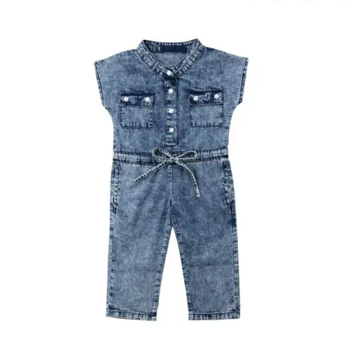 Little Girls Summer Denim Jumpsuit, Sleeveless Folded Collar Button-Down Outfit One-Piece Chest Pockets Long Pants Clothes