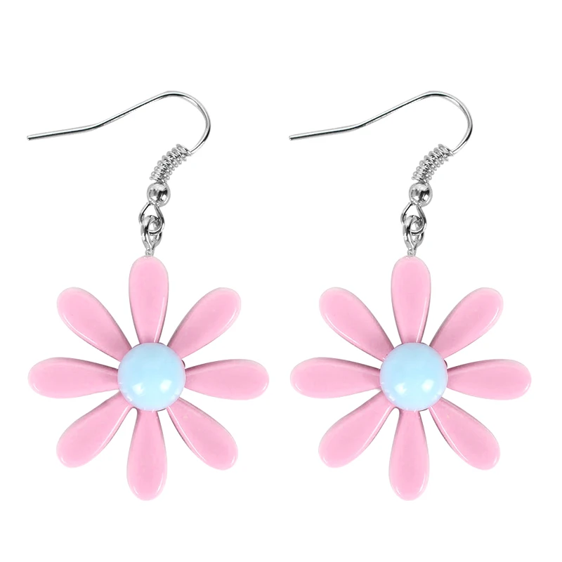 Cute Girls Candy Color Pink Daisy Dangle Earrings For Women Fashion Enamel Flower Charms Drop Earing Female Jewelry Party Gifts