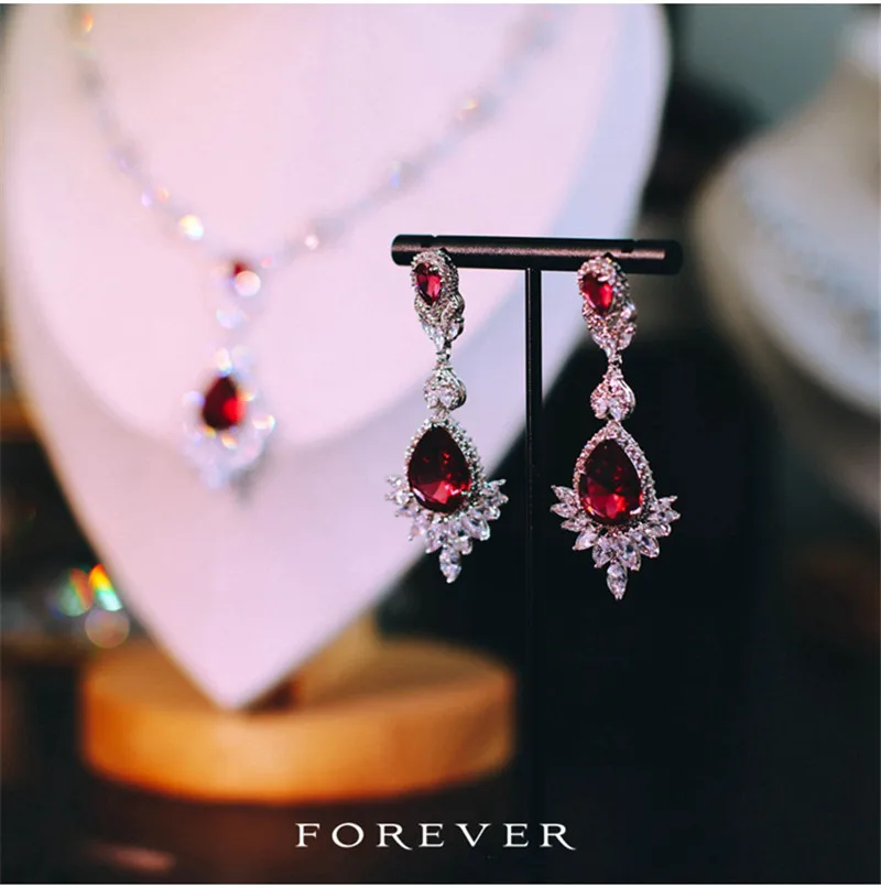 CC Jewelry Sets For Women High Quality Wedding Necklace And Earrings Red Stone Wendding Jewelry Set Needle Drop Shipping