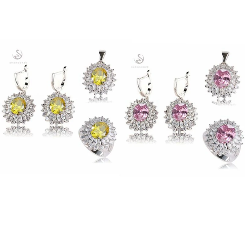 SHUNXUNZE jewelry sets women Engagement Wedding (ring/earring/pendant) Yellow Pink Cubic Zirconia Rhodium Plated R458set R461set