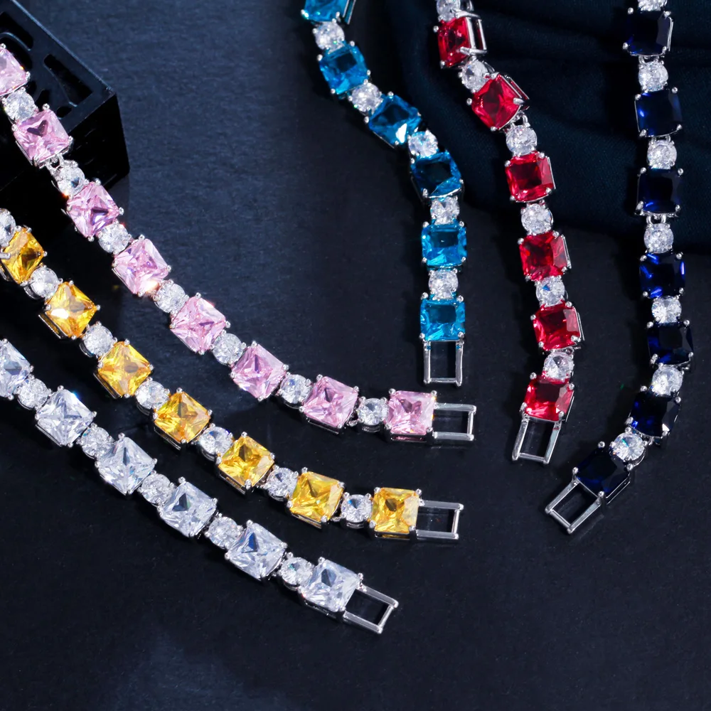 CWWZircons Gorgeous Pink Cubic Zirconia Square Tennis Chain Bracelet for Women Luxury Wedding Party Jewelry Accessories CB276