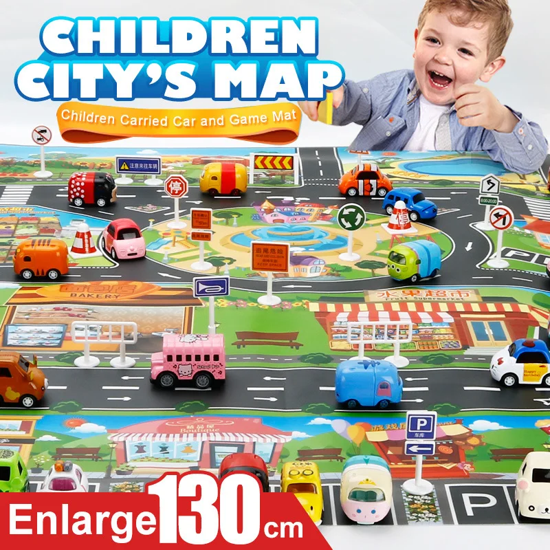 130*100Cm Stad Kaart Speelgoed Kinderen Spelen Auto Gebied Tapijt City Road Stad Road Gebouwen Parking Kaart Voor kinderen Interactieve Speelhuis Speelgoed