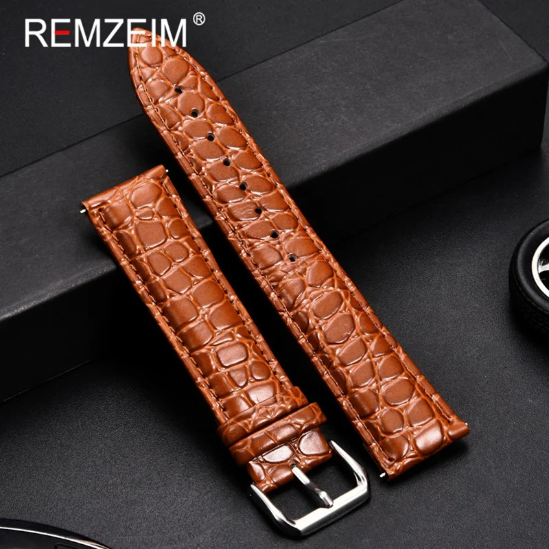 REMZEIM Leather Watchband Strap 16 /18 /20 /22 /24mm Stainless Steel Buckle Men Women Replace Band Watch Accessories