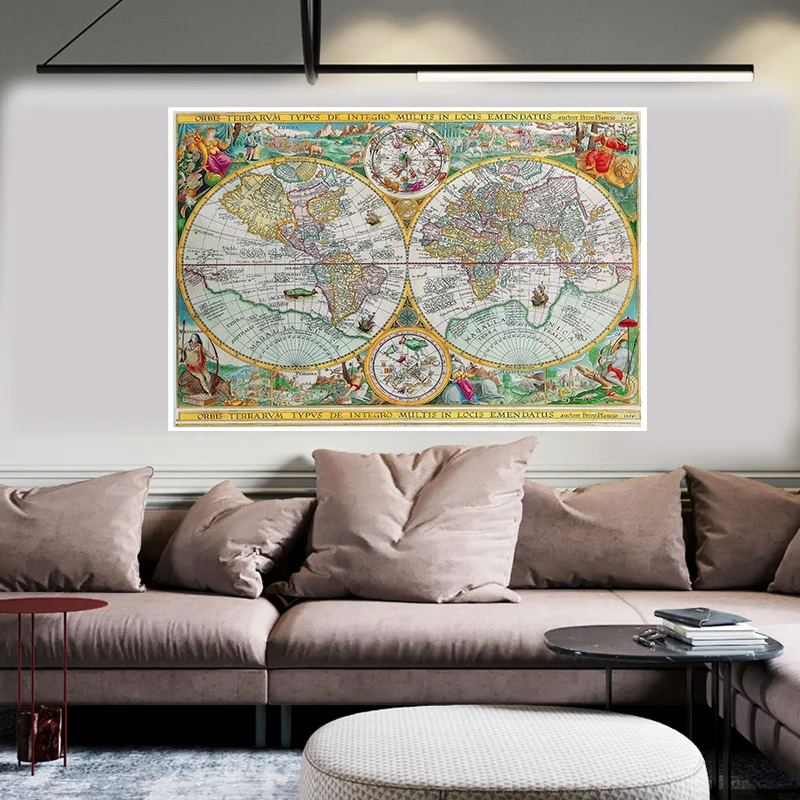 Pintura sobre lienzo no tejido con mapa del mundo Vintage, póster artístico de pared clásico, tarjeta decorativa para decoración del hogar y la Oficina, 225x150 cm, 1594
