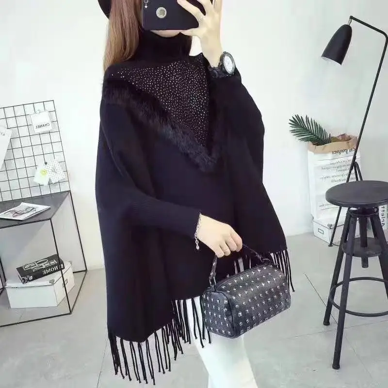 V Style Fur Beading Diamond Sweater Tassel Loose Knitwear Long Batwing Sleeve Streetwear Poncho High Neck Thick Knits Pullover