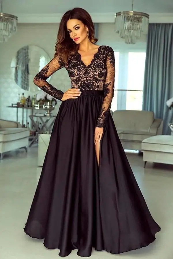 Vintage Black Long Sleeve Evening Dresses Sheer Appliques V Neck Split Evening Prom Gowns Women Ball Gown Vestidos De Noche New