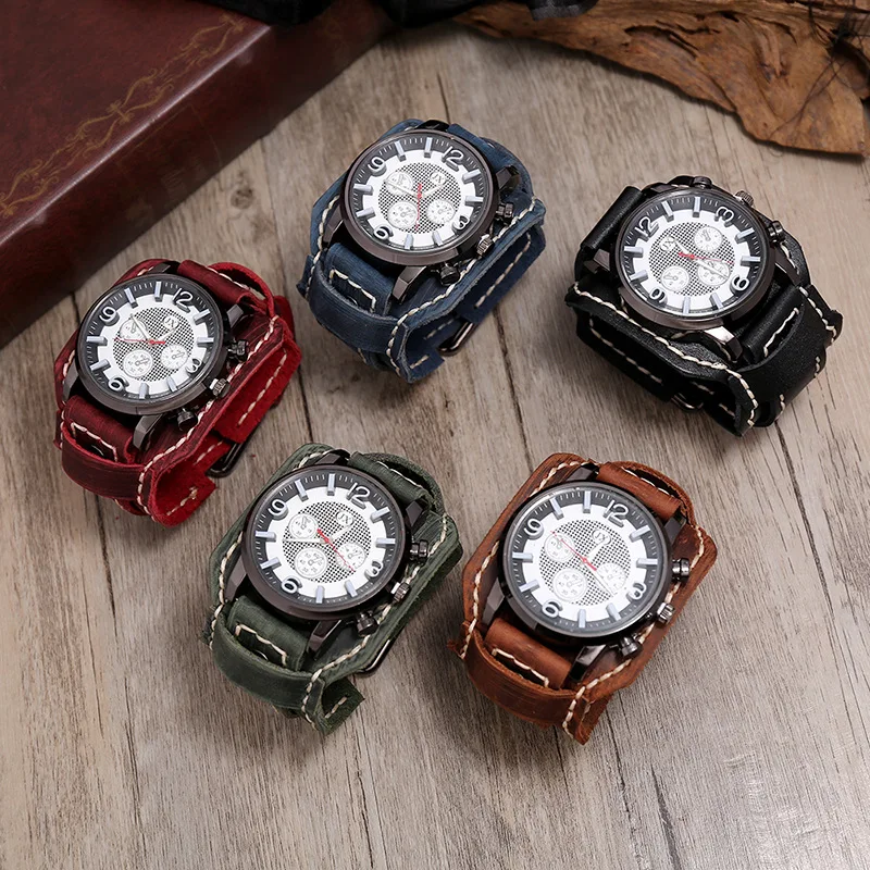 Reloj de pulsera de cuero genuino para hombre, cronógrafo de cuarzo, ancho, estilo Punk, Retro, 2023