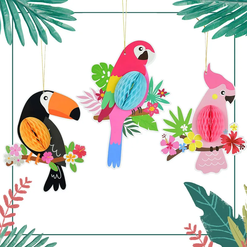 3Pcs Honeycomb Tropical Bird Hanging Paper Ornaments Hawaiian Luau Tropical Party Decorations for Home Wedding Party Supplies