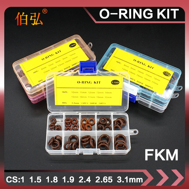 FKM O Ring Kit Assortment Thickness 1/1.5 / 1.9 / 2.4 / 3.1mm Fluororubber Gasket Sealing Ring Set