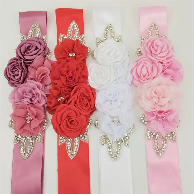 Wedding Accessories Bridal Wedding Belts Satin Flower Rhinestone Dress Belt Sash Woman Girl Pink Red Blue Ribbon Girdle