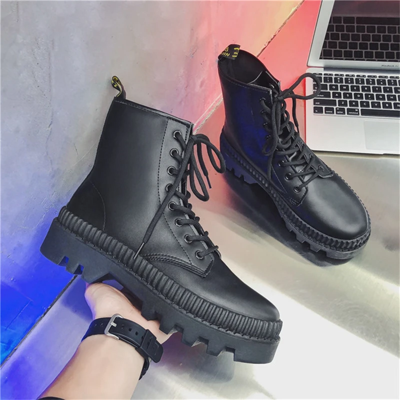 High Platform Mens Ankle Boots Black Leather Chunky Work Boots For Man And Woman Punk Motorcycle Boots Couples Shoes