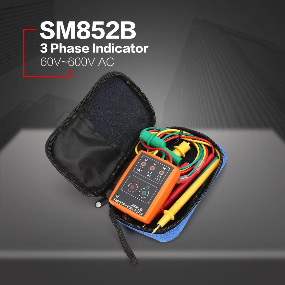 SM852B 60V-600V AC 3 Phase Rotation Tester Digital Phase Indicator Detector LED Buzzer Phase Sequence Meter Voltage Tester