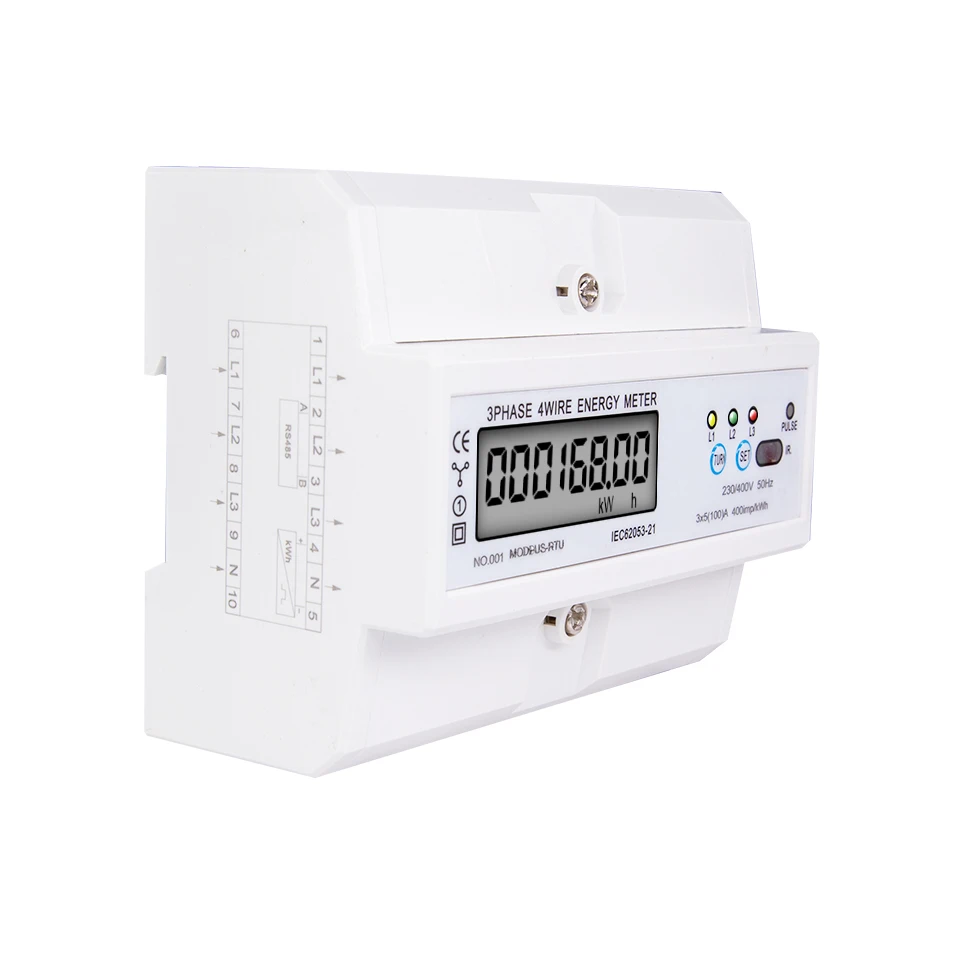 RS485 DIN Rail Energy Meter 3 Phase 4 Wire LCD Digital Wattmeter Electronic Power Consumption 5-100A 380V AC 50/60Hz Modbus Rtu