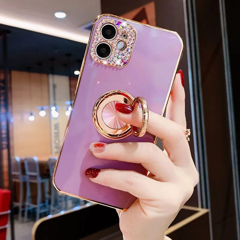 حامل هاتف مغناطيسي للسيارة حافظة كاميرا ماسية لهاتف آيفون 16 15 14 13 12 11 Pro Max X XR XS 7 8Plus غطاء مطلي بالذهب من حجر الراين