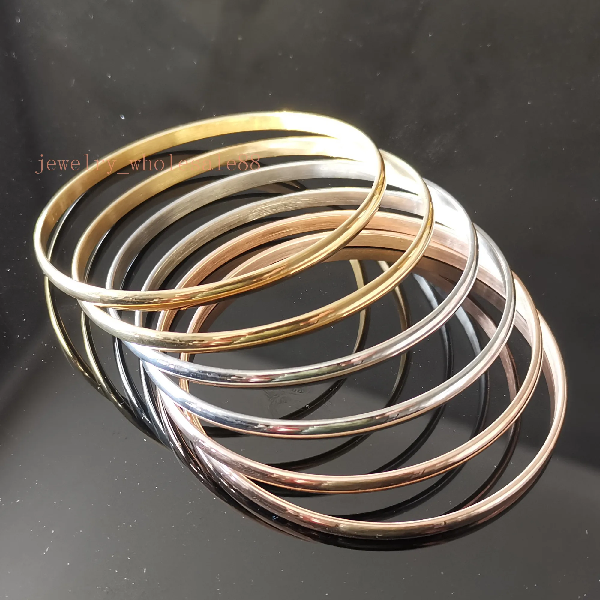 Lot 6pcs/set Smooth Stainless Steel Three Color Mixed  Round Cuff bangle bracelet 2.68'' for women lady party  Jewelry