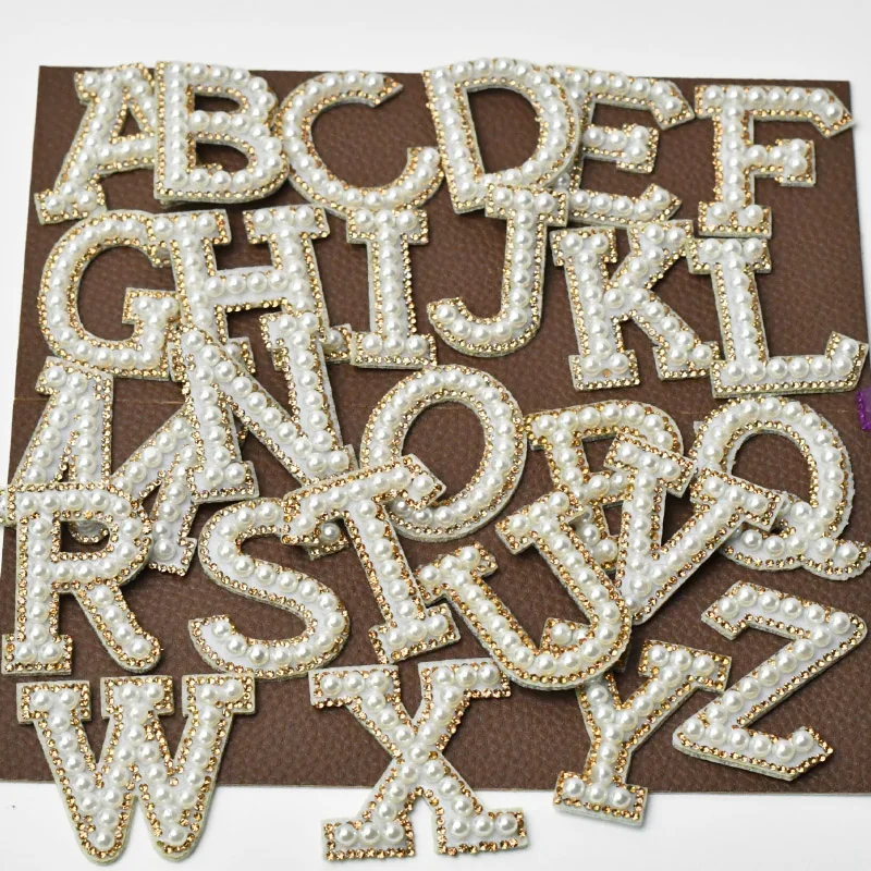 1Pcs Letter Patches Pearl Rhinestone Alphabet Patches For Clothes 3D Beads Applique iron On Patch