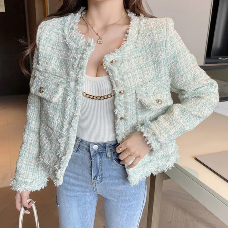 

ZAWFL 2023 Spring Autumn New Women Gold button Single-breasted Tweed woolen Coat Round Neck Long Sleeve Tassel Jacket