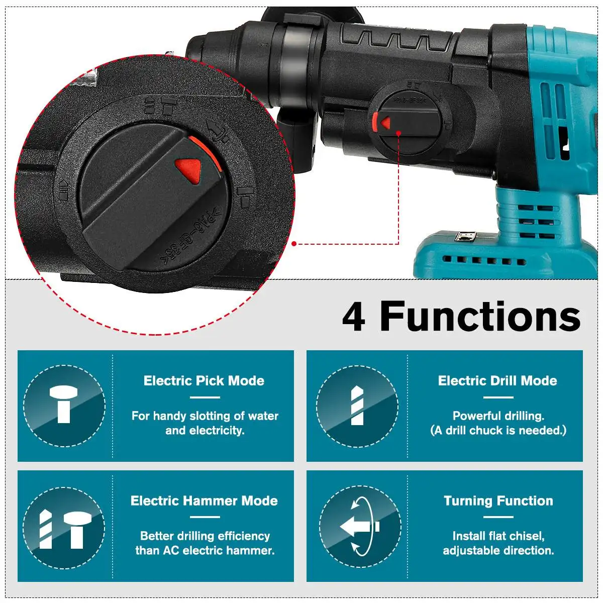 Drillpro 26mm 4 Function Brushless Cordless Electric Rotary Hammer Drill Rechargeable Hammer Impact Drill for 18V Makita Battery