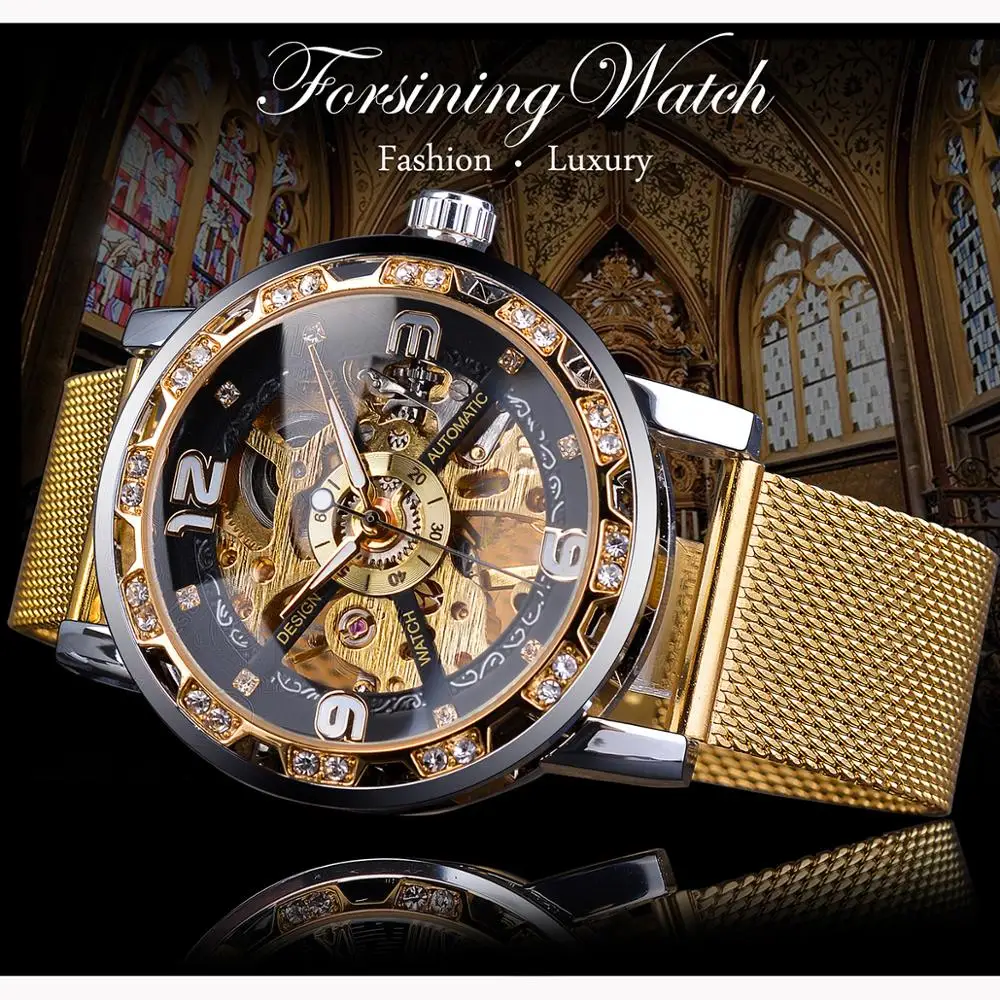 Forsining Diamond Golden Skeleton Mechanical Watch Stainless Steel Mesh Band Luminous Hand Men Watches Sport Business Wristwatch