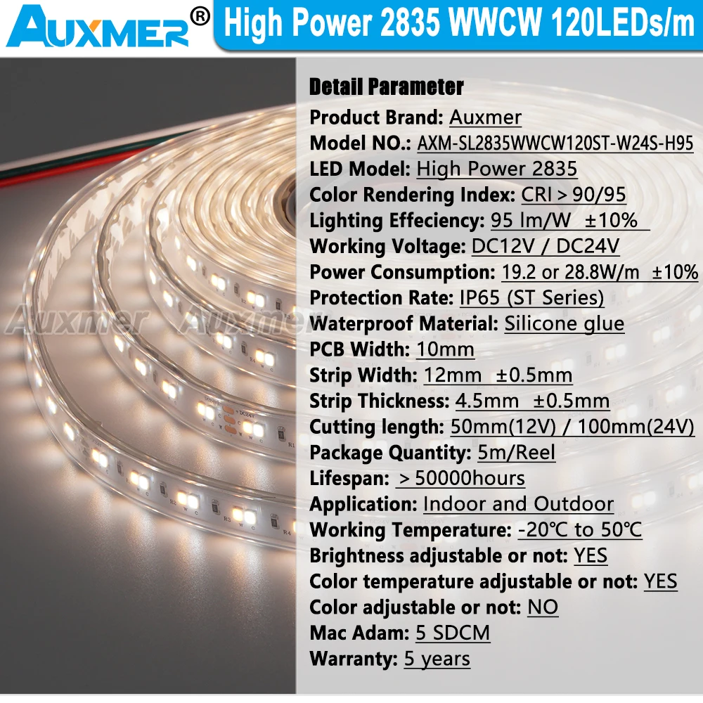 High Power 2835 WWCW LED Strip Light 120LEDs/m IP65 Waterproof CRI90/95 19.2W/m 28.8W/m CCT Adjustable White LED DC12/24V 5m